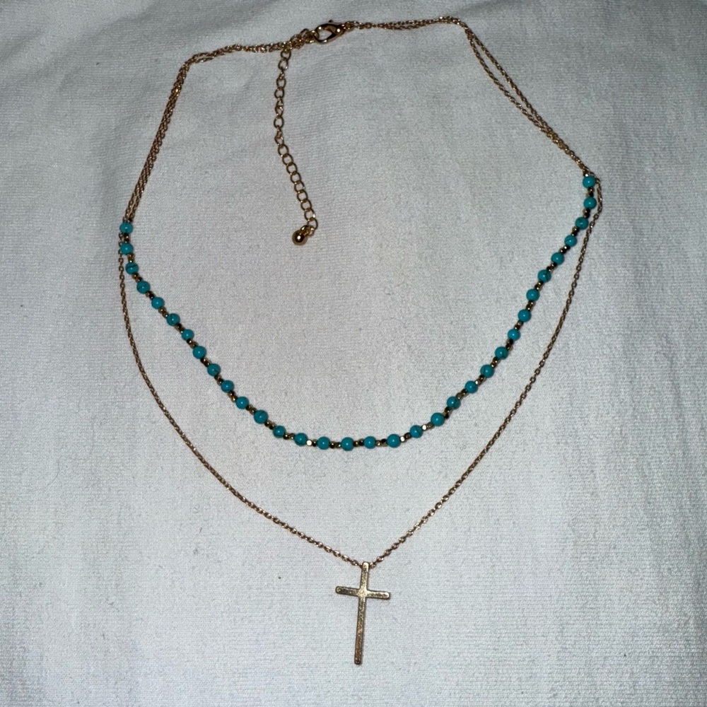 Turquoise and Gold Beaded Cross Layered Necklace